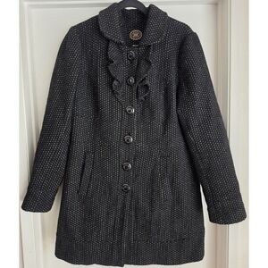 Idra by Anthropologie 12 Black Wool Blend Polka Dot Long Coat Whimsy Ruffle